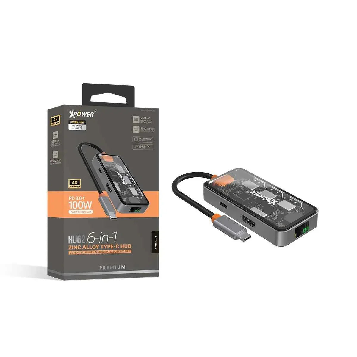 XPower HU62 6 In 1 100W PD Type-C Hub - Grey XPower HU62 6 In 1 100W PD Type-C Hub - Grey